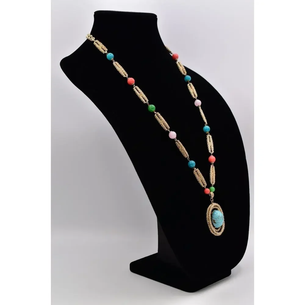 Vintage Cabochon Pendant Necklace Beaded Multi-Color Brushed Gold 1970s BinBM